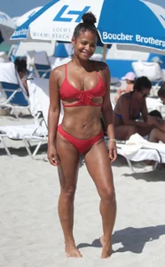 Christina Milian in red bikini in Miami with hard nipples