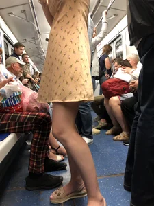 Cute Girl in a Dress with Skinny Legs in Sandals Subway Train Candid Photo