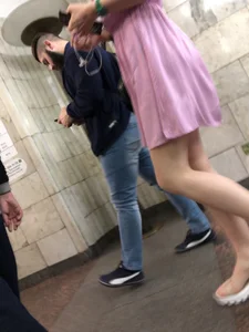 Girl in Sandals and Pink Dress with Hot Skinny Legs Subway Creepshots