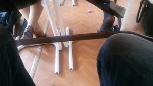 Under Table Creepshot of College Candid Girl's Feet in Black Pantyhose - Dangle Photo