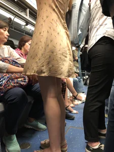 Cute Girl in a Dress with Skinny Legs in Sandals Subway Train Candid Photo