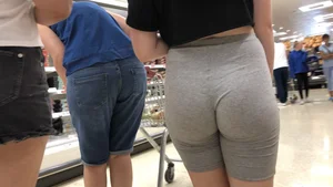 Cute brunette shopping with a nice ass in tight grey shorts with a wedgie