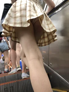 Cute Blonde Candid Girl in a Skirt Flashing Panties on a Subway Escalator Photos