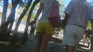 Milf in yellow shorts with vpl and a wedgie