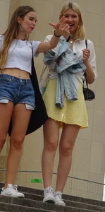 3 cute blondes in skirts and 1 see through dress