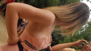 Sexy babe with vpl in shorts and showing some nice cleavage