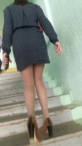 Girl Walking up the Stairs in Polka Dot Dress Candid Upskirt