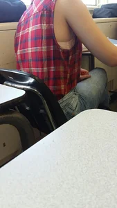 Candid College Girl in Classroom With Her Bra Sticking From Under Blouse Creepshots
