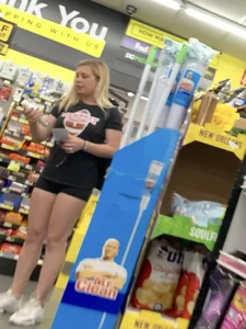 Blonde MILF in spandex shorts
