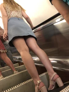 Girl in a Skirt on High Heeled Sandals Subway Escalator Creepshot