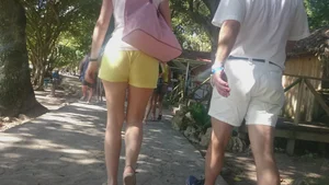 Milf in yellow shorts with vpl and a wedgie