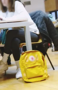 A Nerdy Candid Skinny Girl in Leggings, White Socks And Sneakers Working at the Library Creepshots