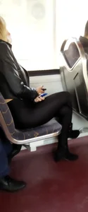 Blonde in Tigth Pants Sitting in a Public Bus With Crossed Legs Creepshot