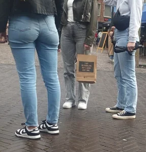 Various hot butts in tight jeans on the street and inside cafes, some teens too
