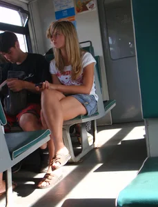 Sexy girls in skirts, stockings and upskirts on the train