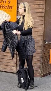 Blonde Teen With a Backpack in a Skirt And Black Pantyhose Street Creepshot