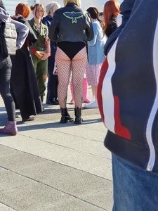 Stocky Blonde in Fishnet Pantyhose Street Creepshot