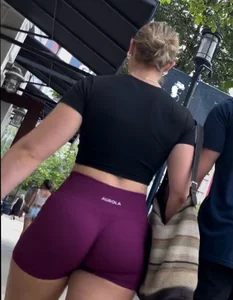 Tight Fit Blonde with Incredible Bubble Butt in Magenta Aurola Shorts