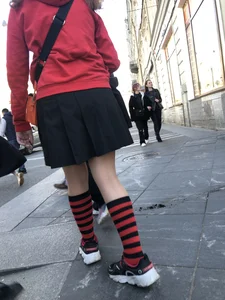 Cute candid teen wearing a skirt and knee-socks street pics