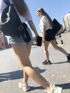 Stocky Girls in Denim Shorts on the Street Stairs Nice Legs Candid Photos
