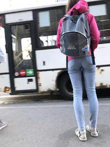 Perfect Skinny Ass and Legs in Tight Blue Jeans Creepshots Series at a Crosswalk