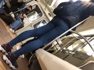 Nice Thin Legs and Small Booty in Blue Tight Jeans in the Subway Train Candid Pics