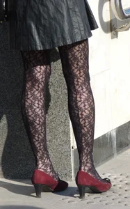Legs in Black Lacey Pantyhose Street Candid Closeup
