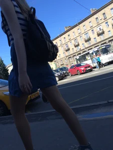 Girl in a Skirt With Sexy Skinny Legs Walking Down a Street Creepshots Collection