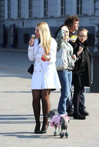 Dog lady upskirted with stockings on
