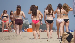 Group of sexy girls on the beach in bikinis with nice bodies