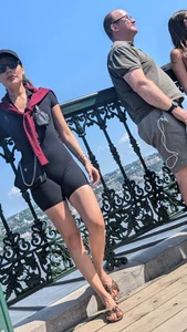 Very slim asian in black short legging. (VPL) OC