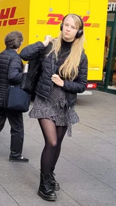 Blonde Teen With a Backpack in a Skirt And Black Pantyhose Street Creepshot