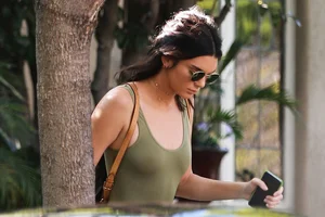 Kendall Jenner in West Hollywood with pokies and in tight jeans