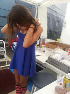 Sexy French girl with nice tits showing some cleavage and bra while working