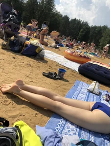 Pale Skinny Girl in a Blue Swimsuit Lying on a Beach Creepshots Collection