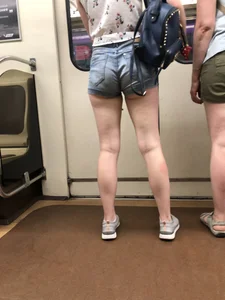 Cute And Slightly Awkward Tall Teen Girl in a Top and Denim Shorts Subway Train Candid Photos