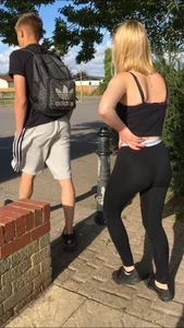 Hot Blonde in a Top and Black Tights VPL Creepshot