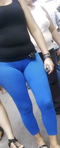 Chubby Girl in Blue Tights Cameltoe Closeup Creepshot