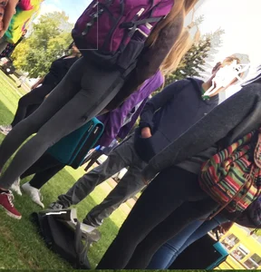 Teen in Grey Yoga Pants Park Candid Photo