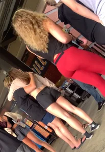 Curly Blonde Hair College Girl in Tight Red Leggings (OC)