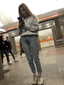 Hot Girl in Tight Blue Cameltoe Jeans And Sneakers on the Subway Station, Great Ass