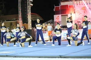 Bunch of athletic Thai cheerleaders at a competition