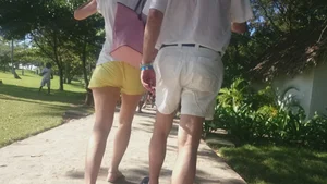 Milf in yellow shorts with vpl and a wedgie