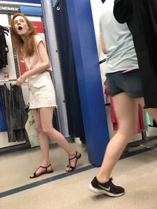 Redhead in Sandals and Skirt with Skinny Legs Candids