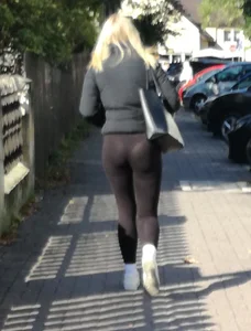 Shapely blonde in black leggings