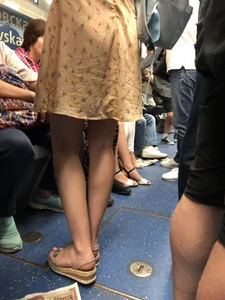 Cute Girl in a Dress with Skinny Legs in Sandals Subway Train Candid Photo