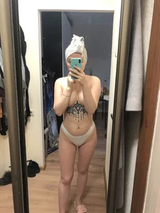 Topless Tattooed Girl in Panties Home Mirror Selfie