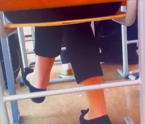 College teens dangling their shoes under desk in class, some vids and pics