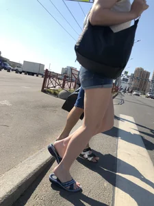 Hot Pale Legs in Denim Mini Shorts on the Crosswalk Street Creepshots Collection