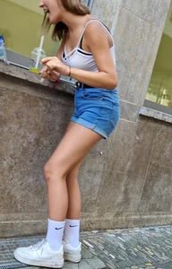 Girl in a Top And Denim Shorts With Firm Flat Booty And Great Legs Street Creepshots